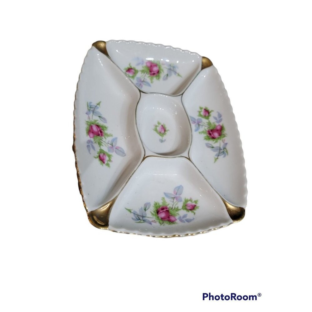 Marco Japan Divided Dish Porcelain Candy Trinkets Roses Scalloped Gold Trim Vtg